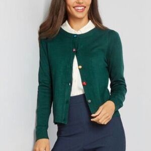 Modcloth Forest Green Button Down Cardigan with Colorful Accent Buttons
